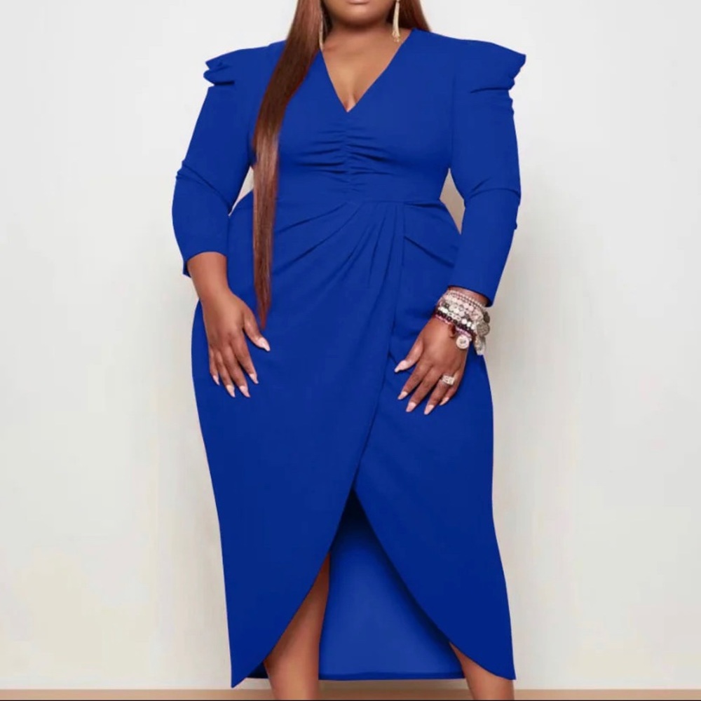 Plus Size Puffed Sleeve Ruched Asymmetrical Dress